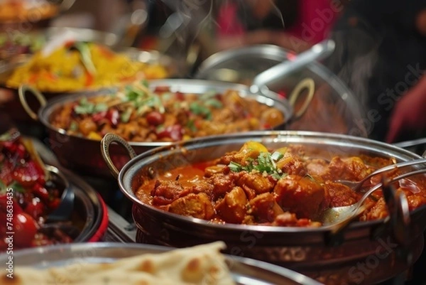 Fototapeta Curry house in a vibrant Indian market, with pots of fragrant curry bubbling away and naan bread baking in a tandoori oven.
