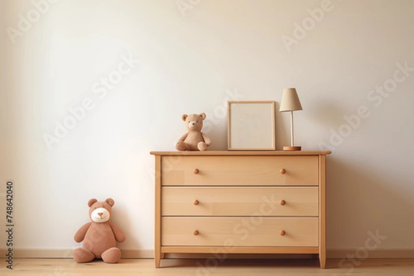 Fototapeta Nursery interior. Bed, toys, photo frame backdrop. White bedroom. Children's Playroom.