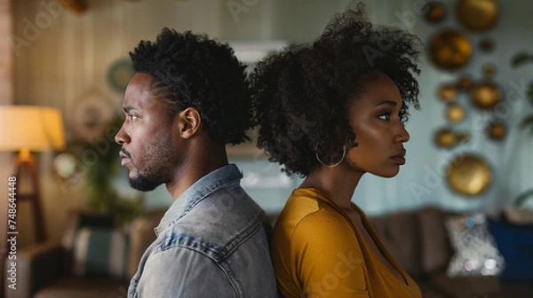 Obraz Profile of young Black couple, distanced, reflective mood, stylish home setting.