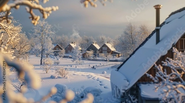 Fototapeta Snowy Winter Landscape with Bridge in Morning