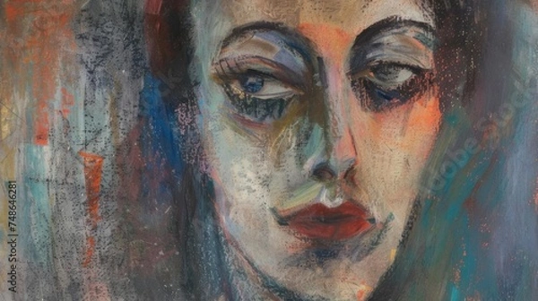 Fototapeta Portrait of a woman, a beautiful sweet girl. Abstract oil painting in pastel. 
Interior painting. Contemporary art.