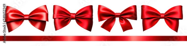 Fototapeta Set of insulated red satin bows and ribbon for decorating gifts on a transparent background
