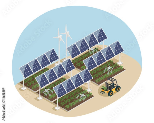 Fototapeta Smart farm with wind turbines, solar panels and agrodrones. Isometric vector illustration. 