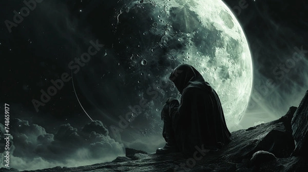 Fototapeta Cloaked Figure Contemplating a Giant Moon , A cloaked figure is seated on a rocky terrain, gazing at a massive moon dominating the night sky, in a scene filled with mystery and wonder