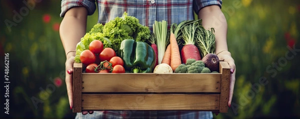 Obraz Woman hands with wooden box full of assorted vegetable