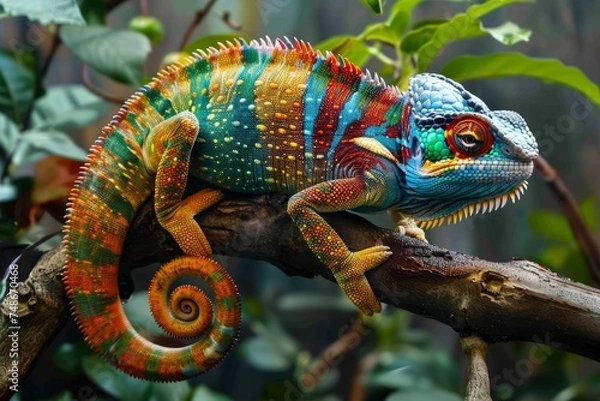 Fototapeta A vividly colored chameleon clings to a branch, its skin a dazzling array of colors, from radiant blues to fiery oranges.