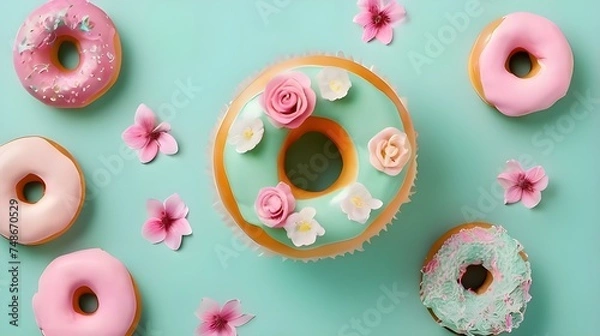Fototapeta Pink Donuts Decorated With Pink Icing And Flowers On A Mint Green Background.Generative AI