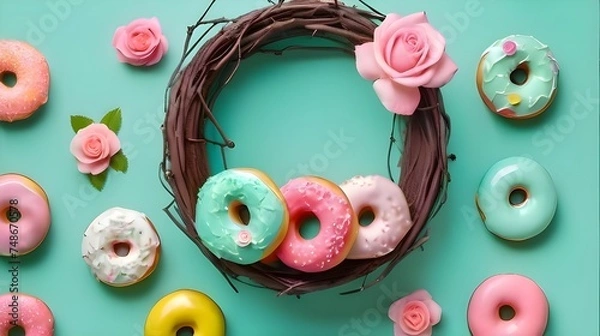 Fototapeta Easter Wreath Decorated With Pastel Colorful Donuts Arranged In A Circle On A Mint Green Backround. Generative AI