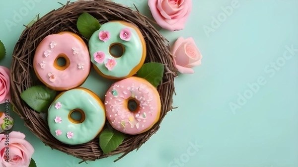 Fototapeta Donuts In A Nest Decorated With Pink And Blue Icing With Small Flowers On Top On A Mint Green Backround With Copyspace.Generative AI