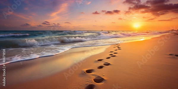 Obraz A beach with footprint and wave of the sea.