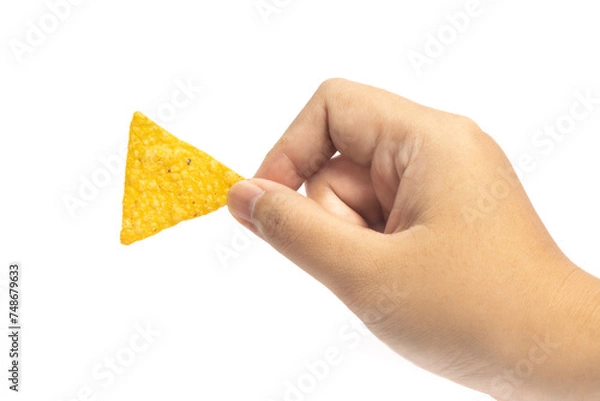 Obraz Hand holding crispy corn tortilla nachos chips isolated on white background clipping path