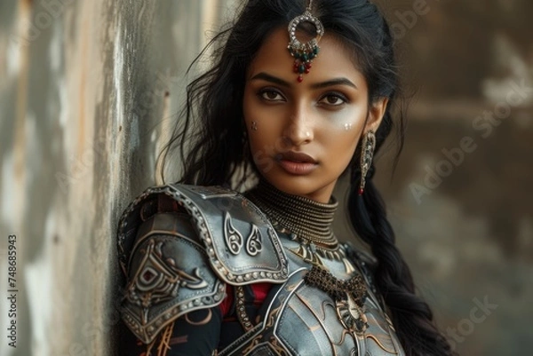 Fototapeta Dark-haired woman with metal armor and jewelry. Fictional Character Created By Generated By Generated AI.