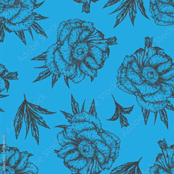 Fototapeta Vector seamless pattern with floral graphic elements on a blue background. A botanical summer pattern with hand-painted peonies, delicate in gray and pink colors for design, scrapbooking and fabrics