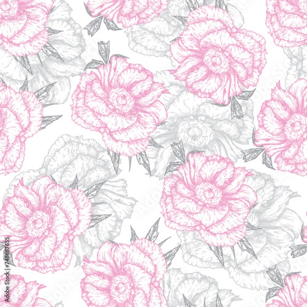 Fototapeta A botanical summer pattern with hand-painted peonies, delicate in gray and pink colors for design, scrapbooking and fabrics. Vector seamless pattern with floral elements on a white background