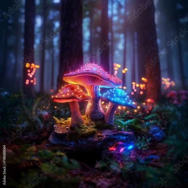 Fototapeta neon fairy-tale colored mushrooms that glow in different colors, a magical forest. generated by AI
