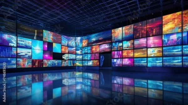 Fototapeta Multimedia video wall in dynamic display of various content. The news studio. 