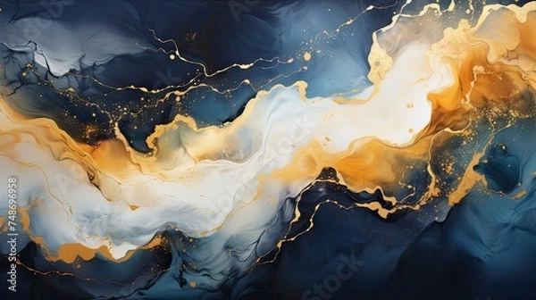 Obraz Modern, colorful background with curved waves featuring blue and golden hues.