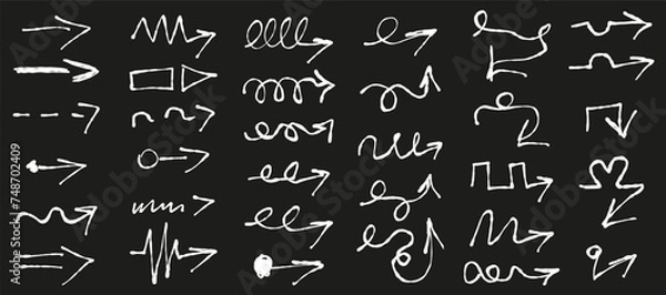 Fototapeta Big Set Doodle Hand Drawing elements isolated on black backdrop. Trace Doodle Chalk Arrows collection in grunge style. Arrow underline symbol. Vector illustration. EPS 10