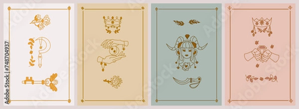 Obraz Set of esoteric posters Key with wings, druid sickle, mystic flower, branches, protection hands holding moon and stars, Girl with horns, crown and branch Boho style vector outline illustration.
