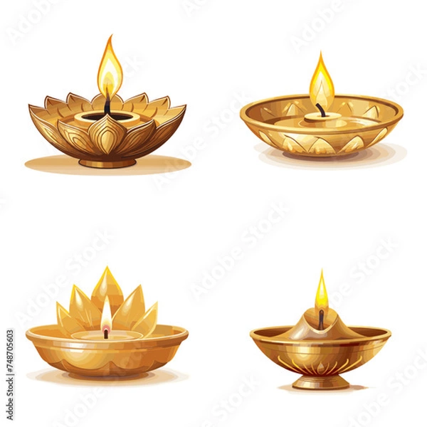 Obraz Diwali Oil Lamp (Traditional Brass Diya). simple minimalist isolated in white background vector illustration