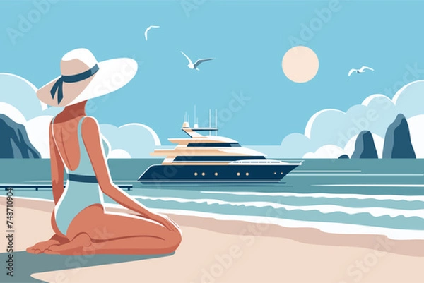 Obraz Vacation time. Woman on the beach in a swimsuit close-up with a yacht on the background of the sea. Vector illustration in a minimalistic style.