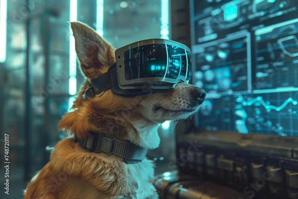 Fototapeta dog wearing virtual glasses and interacting with a virtual world