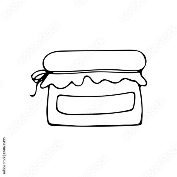 Fototapeta Doodle illustration with simple honey jar.Glass storage jar for honey or jam. Canned foods. Black monochrome doodle style elements isolated on white background. Hand drawn sketch.