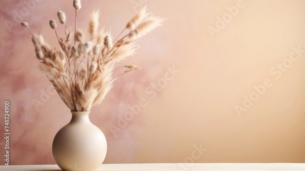 Fototapeta Minimalist Boho-style background neutral pastel color style and natural floral elements. Aesthetic minimalist design for social media content. Simple beige chic elements. Calming and serene atmosphere