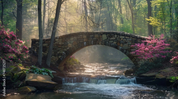 Fototapeta A man walks across a bridge surrounded by vibrant flowers in springtime in Greenville, SC.