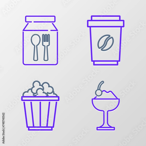 Fototapeta Set line Ice cream in bowl, Popcorn box, Coffee cup to go and Online ordering and delivery icon. Vector