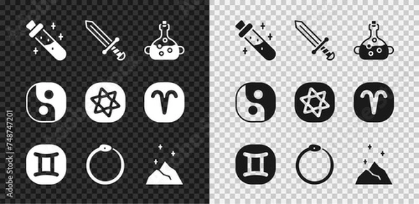 Fototapeta Set Bottle with potion, Medieval sword, Poison in bottle, Gemini zodiac, Ouroboros, Magic powder, Yin Yang and Tarot cards icon. Vector