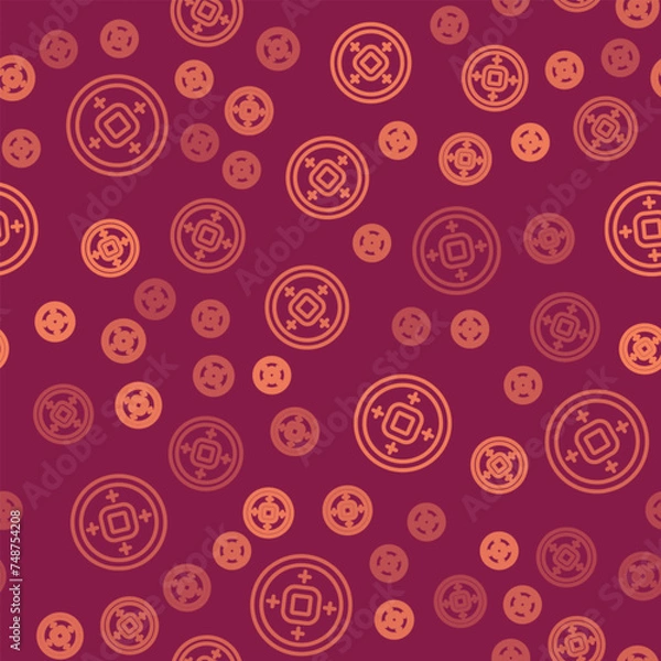 Fototapeta Brown line Chinese Yuan currency symbol icon isolated seamless pattern on red background. Coin money. Banking currency sign. Cash symbol. Vector
