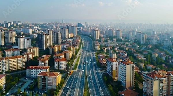 Fototapeta An aerial view of a busy highway in a large city. The highway is surrounded by tall buildings and there is a lot of traffic on the road.