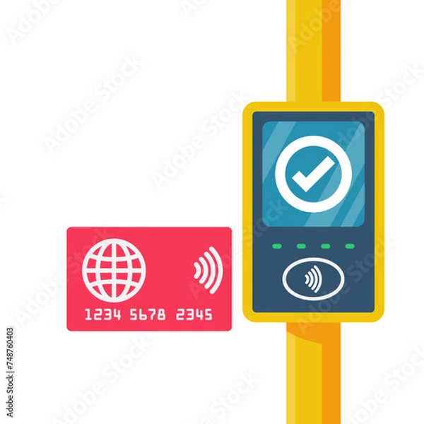 Obraz Cashless ticketing. Public transport. Online payment system in public transport bus, metro, tram, trolley. Plastic card. Vector illustration flat design. Isolated on a white background.