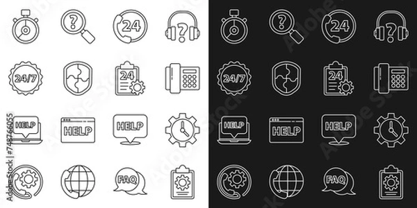 Fototapeta Set line Checklist with 24 hours service, Time Management, Telephone, support, Shield, Clock, Stopwatch and icon. Vector