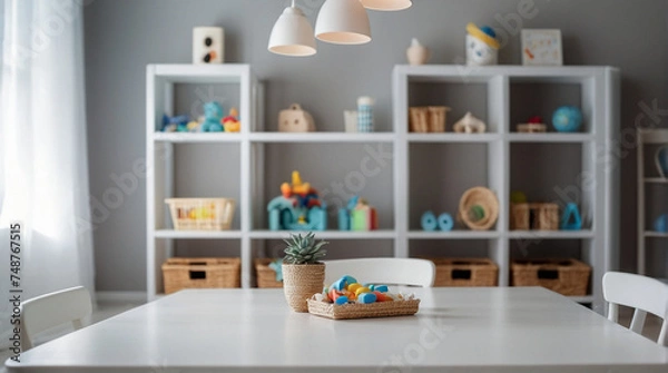 Fototapeta Modern empty table in bokeh game room interior background. for display of assembly products.
Mockup wall in children's playroom on white wall color background. 3d rendering