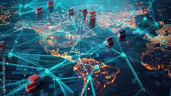 Fototapeta Global supply chain network with interconnected shipping routes and distribution hubs.