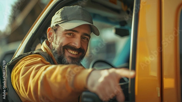 Fototapeta smiling taxi driver in a cap close-up