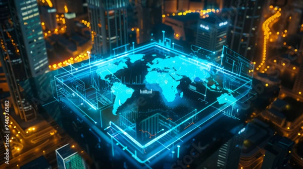 Fototapeta Glowing geolocation hologram with world map over modern city. Geolocation and distributed data concept.