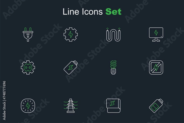 Fototapeta Set line Battery charge, Book about electricity, Electric tower line, Lightning bolt, No lightning, LED bulb, and Electrical outlet icon. Vector