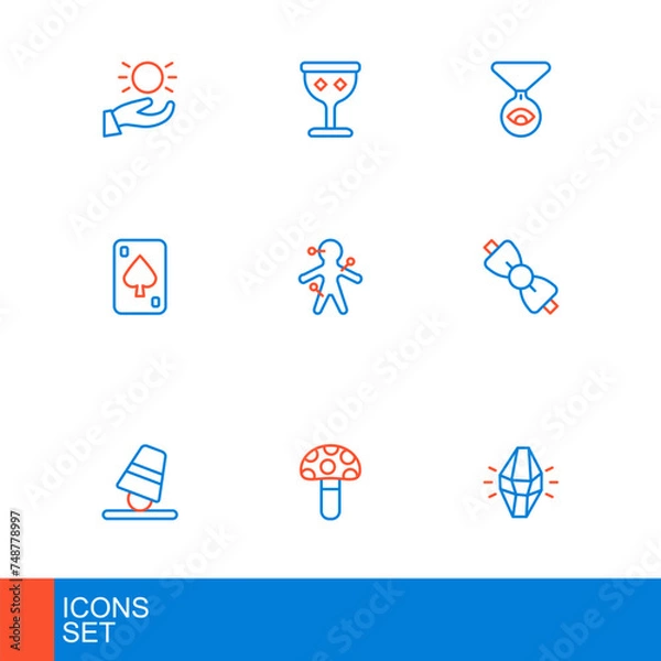 Obraz Set line Magic stone, Psilocybin mushroom, Game thimbles, Bow tie, Playing cards, Voodoo doll, Medallion chain with eye and Medieval goblet icon. Vector