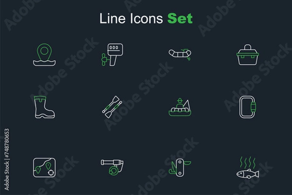 Fototapeta Set line Dead fish, Swiss army knife, Fishing rod, Location fishing, Carabiner, Fisherman boat, Oars or paddles and boots icon. Vector