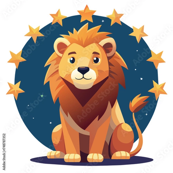 Fototapeta Zodiac sign Leo is sitting in the middle of a starry sky. The lion is smiling and looking at the camera. The stars surrounding the lion create a sense of wonder and magic