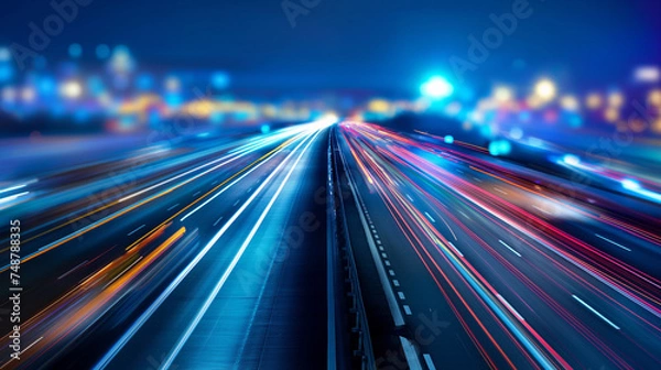 Fototapeta Long exposure on city road light, night highway lights in motion with highway road lights on city background