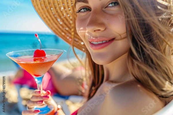 Fototapeta A young woman is relaxing at the beach with a cold martini.