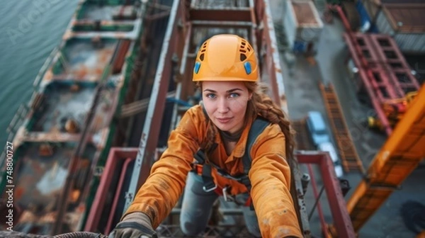 Fototapeta Construction worker climber on a site wearing construction safety equipment working at height,
