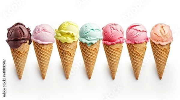 Fototapeta Refreshing ice cream in waffle cones on a white background
