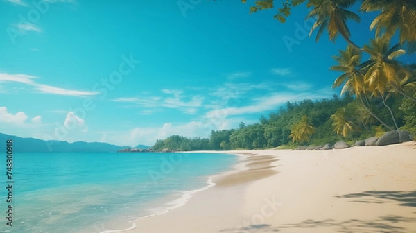 Obraz Tropical paradise beach with palm trees and turquoise water under a clear blue sky