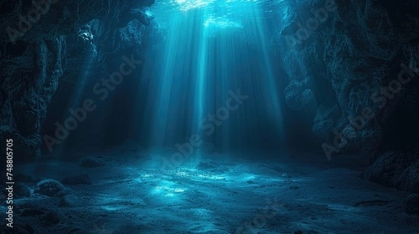 Fototapeta Unidentified submerged cave with beams of light. Generative Ai