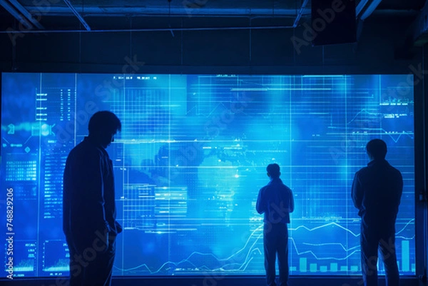 Fototapeta business chart and graph of men looking monitors trading and interacting with futuristic touchscreens and devices on a blue background, showcasing the seamless integration of human touch and digital i